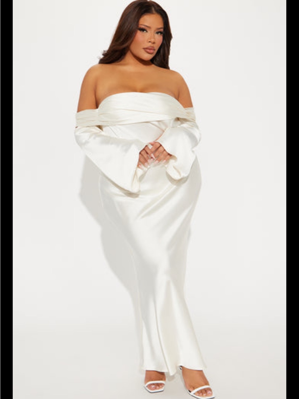 Fashion Nova Satin Off-Shoulder Midi Dress in White